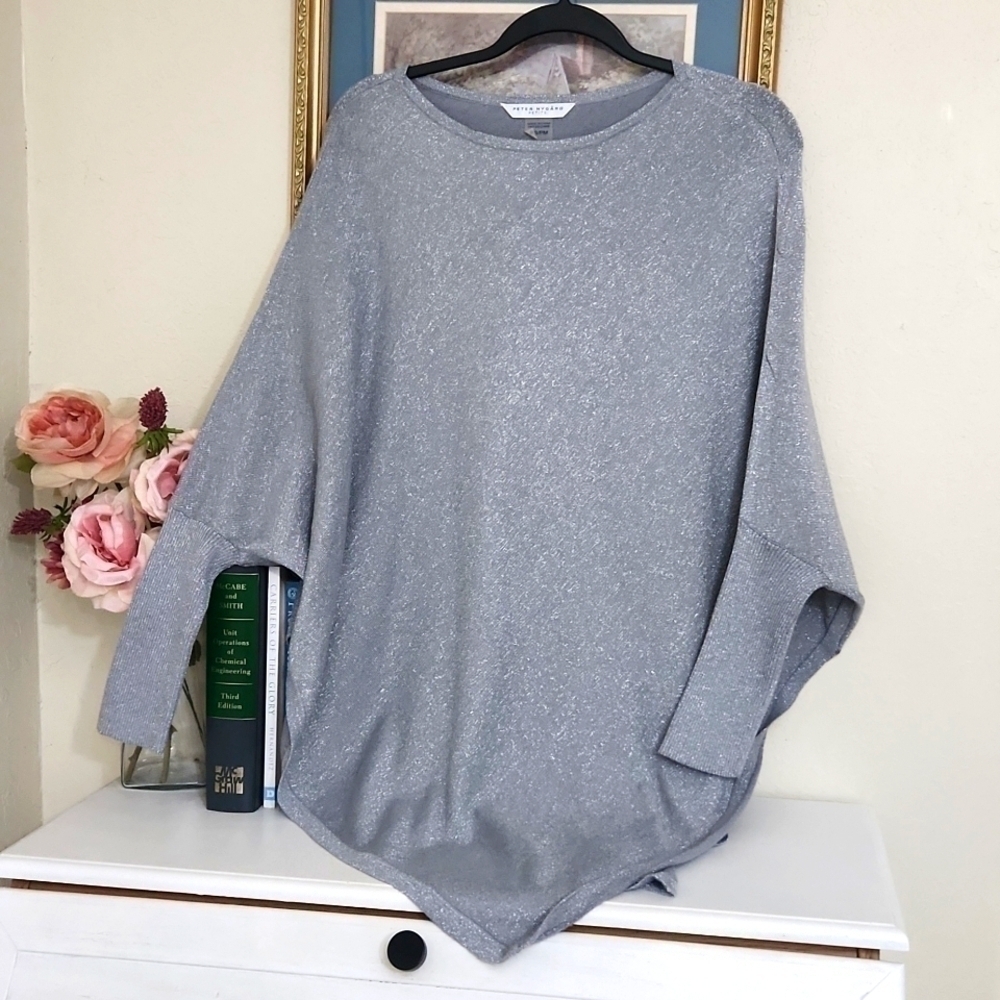 S/M Metalic Poncho Batwing Sweater Gret knit High-Low Career Contemporary
